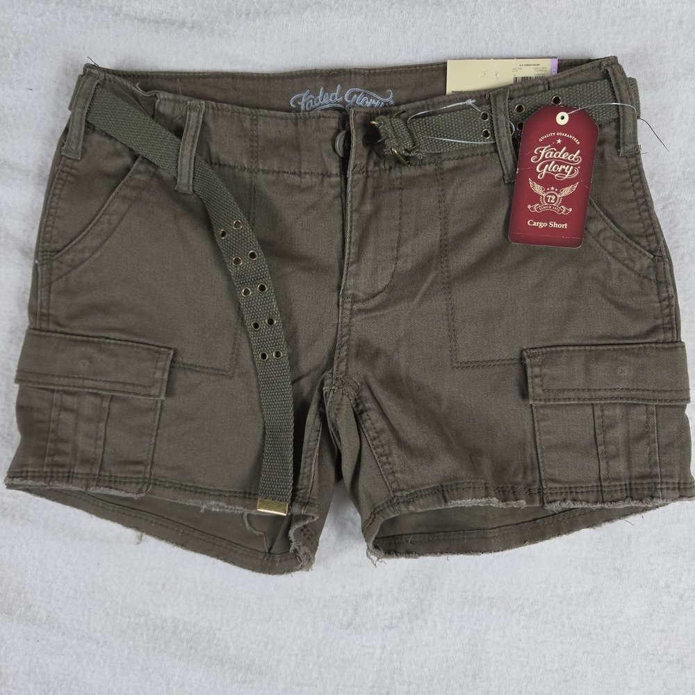 New Faded Glory Cargo Shorts Green Belted Utility Pockets Size 4